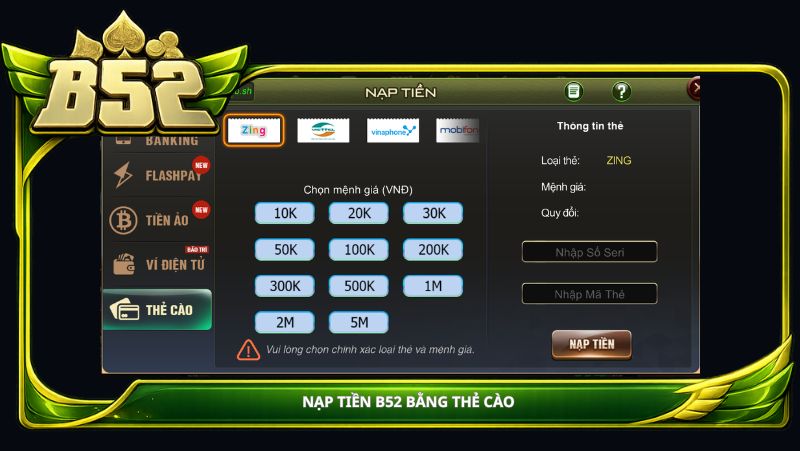 Nạp tiền B52 bằng thẻ cào